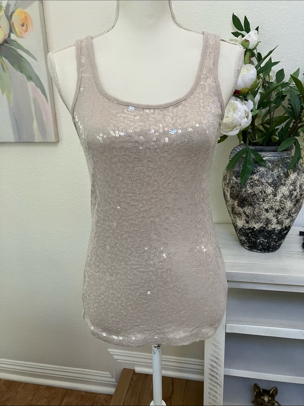 Y2k Old Navy Cream Blush Sequin Scoop Tank Top